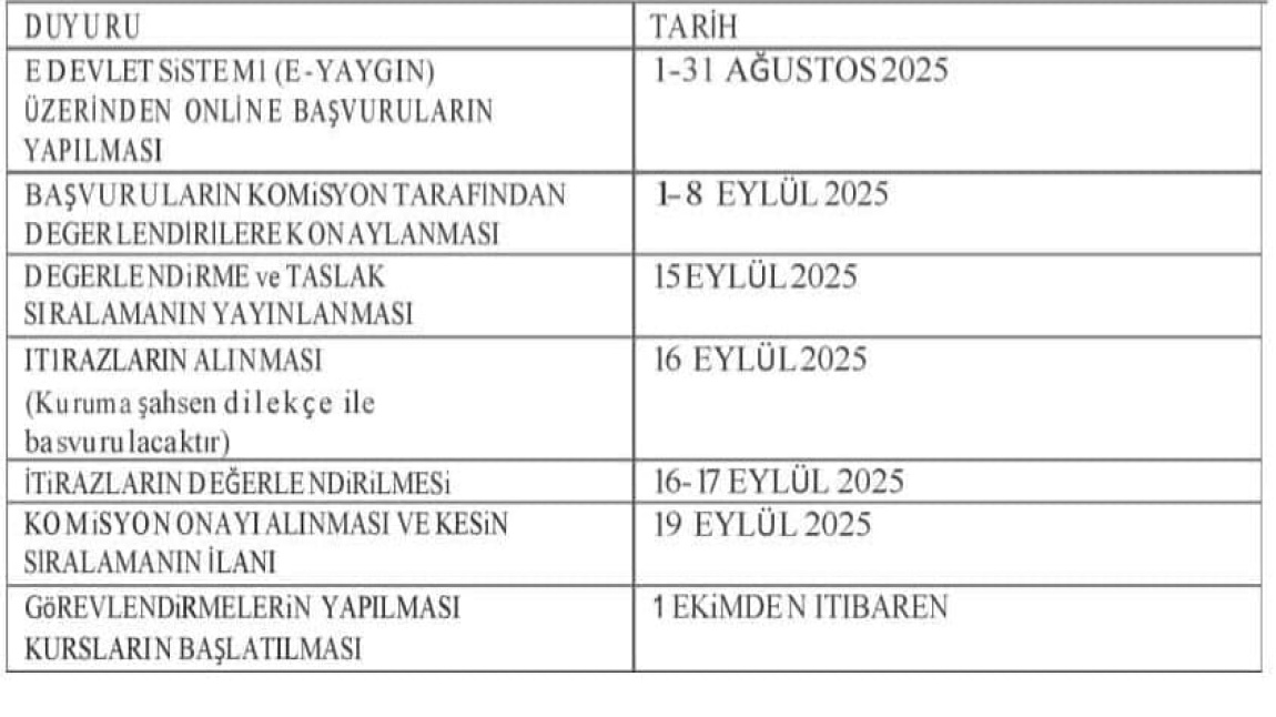 USTA ÖĞRETİCİ BAŞVURU TAKVİMİ